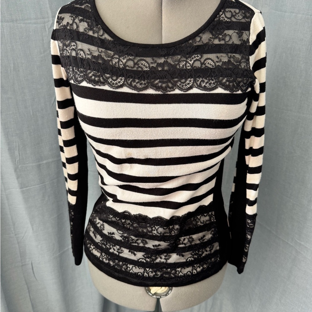 The Limited Black and Cream Striped Lace Blouse
